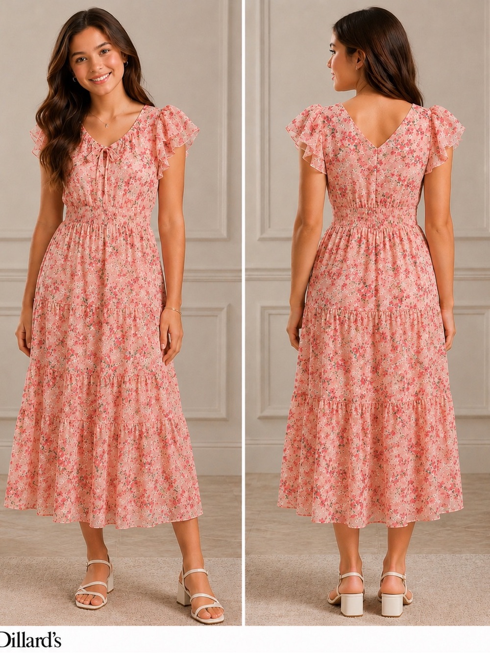 Pink Floral Midi Dress with Smocked Waist